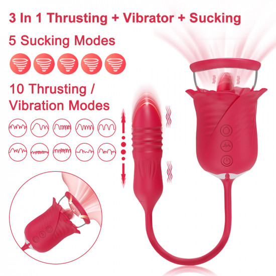 rose tongue 3 in 1 vibrating & sucking vibrator stimulator with thrusting dildo