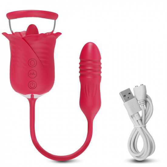 rose tongue 3 in 1 vibrating & sucking vibrator stimulator with thrusting dildo